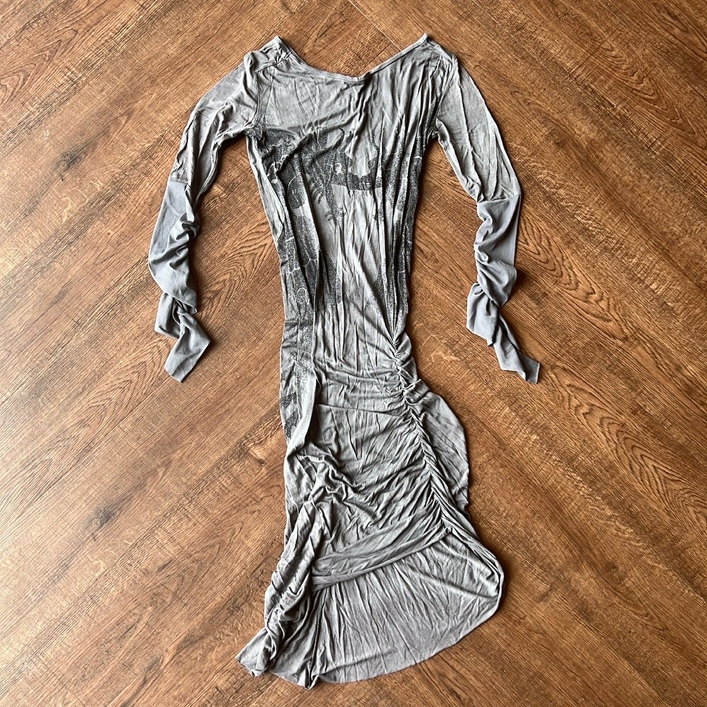 Anama Long Stretch Dress With Ruching And Mesh Details Blue/Gray Sz 6